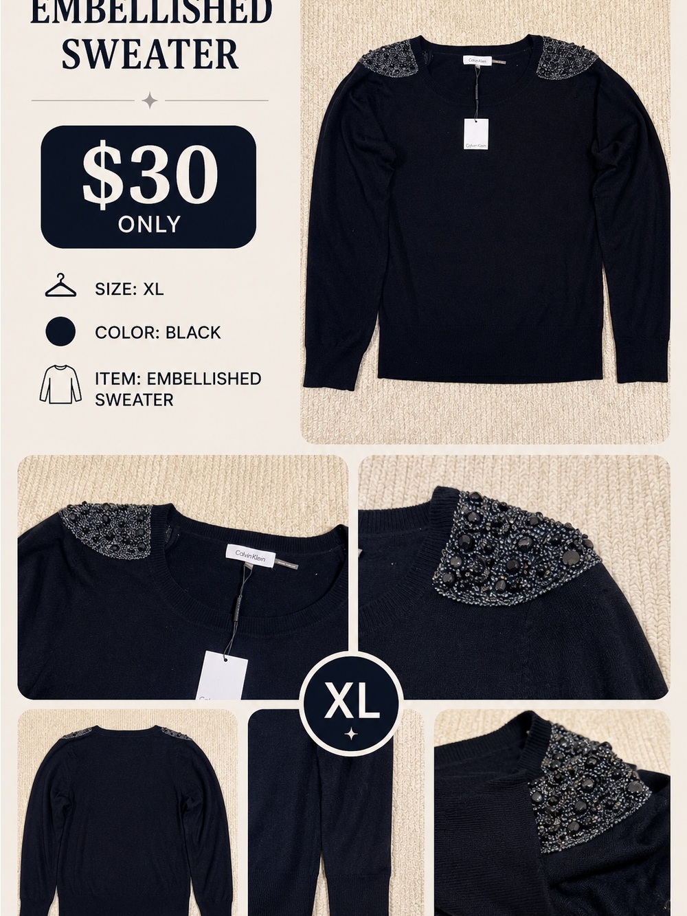 Calvin Klein Black Crewneck Sweater with Beaded Shoulder Accents